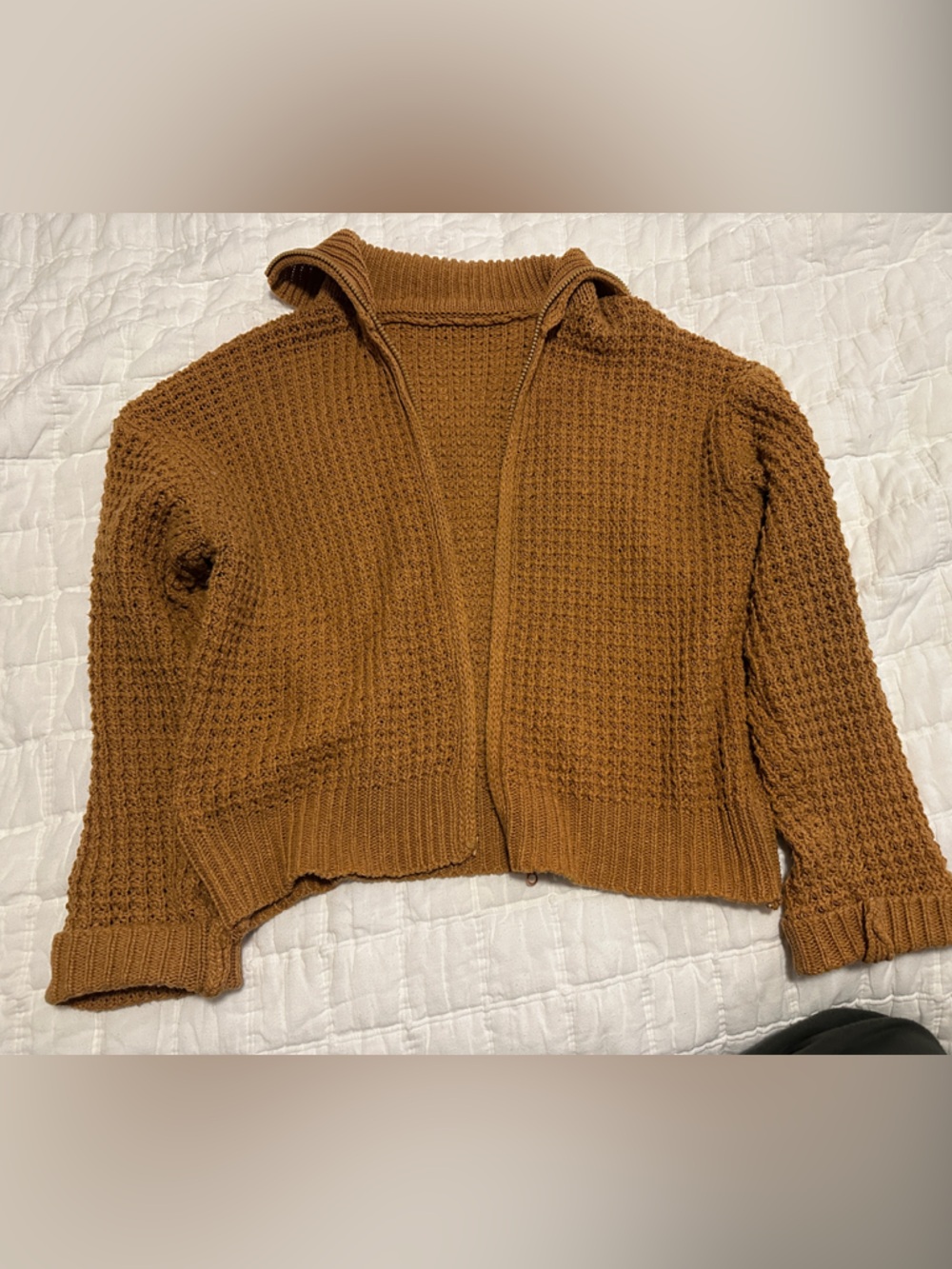 Chunky Waffle Knit Zip Cardigan - Rust Brown
